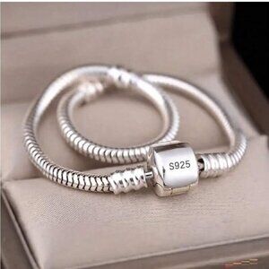 Sterling Silver S925 Snap Clasp Snake Chain European Charm Bracelet about 8"